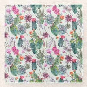 Exotische Boho Wasserfarbenkakteen und Sukkuläres Glasuntersetzer