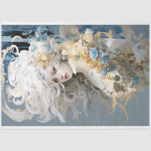 Exotische Dame mit fließendem weißem Haardecoup Seidenpapier (Vorderseite)