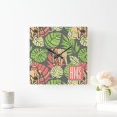 Exotische DschungelBlätter und Elefanten | Monogra Quadratische Wanduhr (Zuhause)