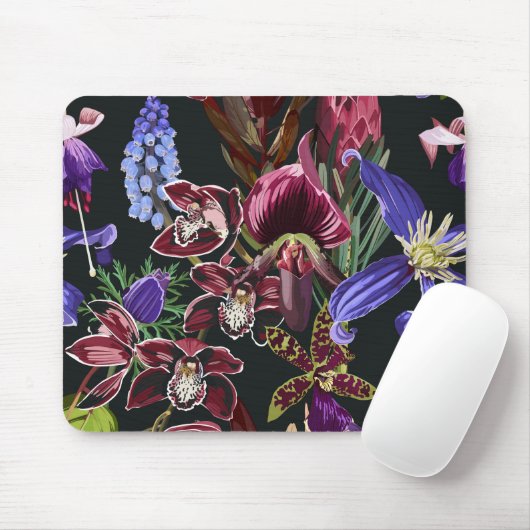 Exotische dunkle Blume, Blätter aus Palmen. Mousepad (Mit Mouse)