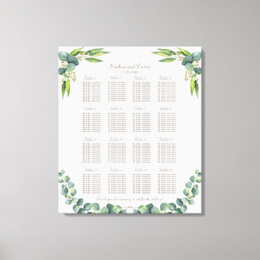 Exotische Eukalyptus-Blätter Hochzeitstabelle Leinwanddruck (Vorderseite)