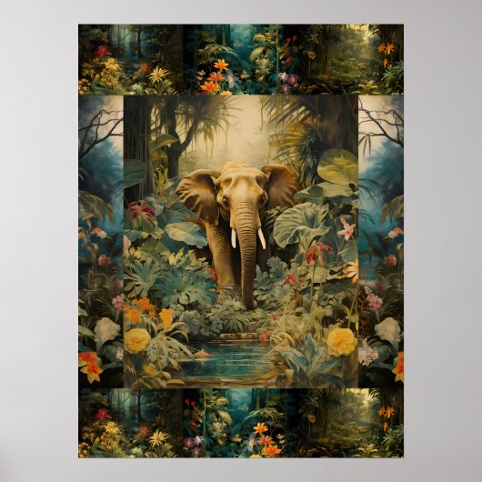 Exotische farbenfrohe Waldelephant Art Collage Poster (Vorne)