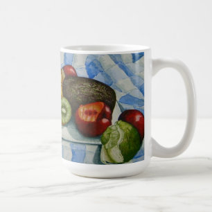 Exotische Früchte noch lebendig Art blauen weiße Kaffeetasse