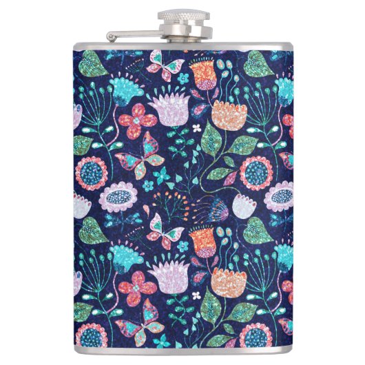 Exotische funkelnde Blume und Schmetterlingsmuster Flachmann (Vorderseite)