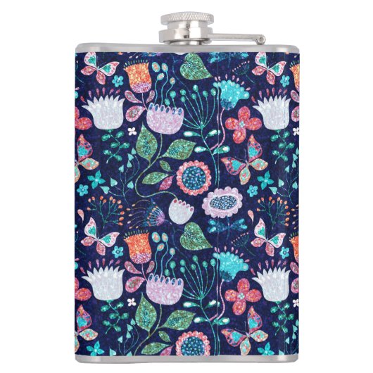 Exotische funkelnde Blume und Schmetterlingsmuster Flachmann (Rückseite)