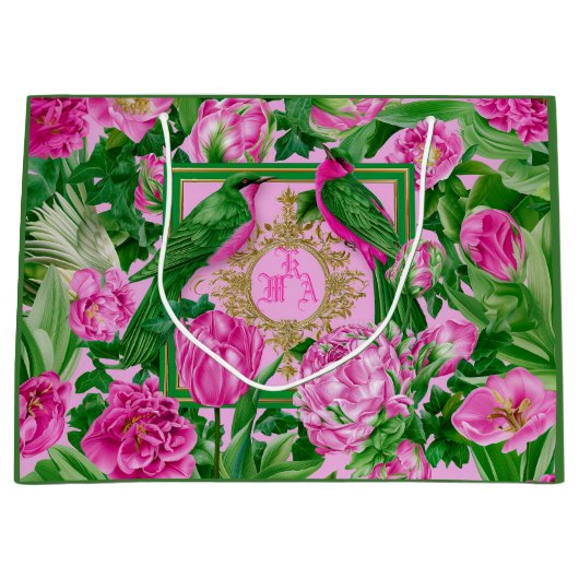 Exotische Gartenglamour Rosa und Grüne Monogramm Große Geschenktüte (Vorderseite)