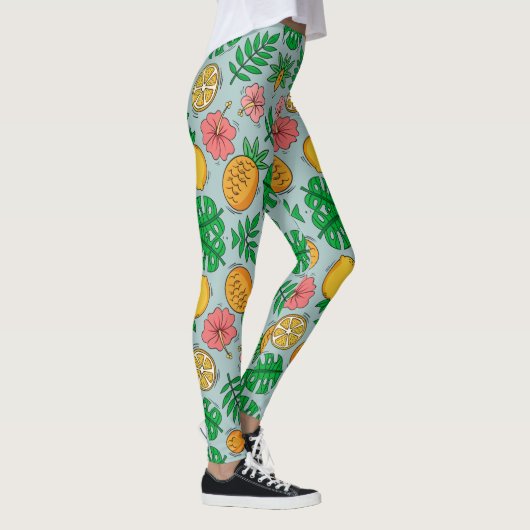 Exotische gelbe, rosa und grüne Blättermuster Leggings (Rechts)