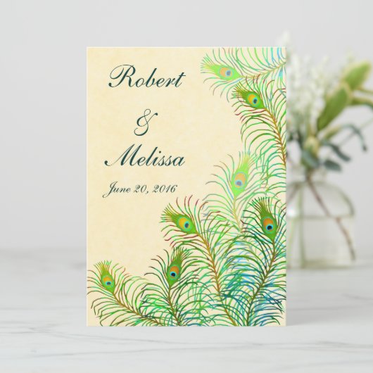 Exotische indische Pfauenfedern bei Hochzeiten Einladung (Stehend Vorderseite)