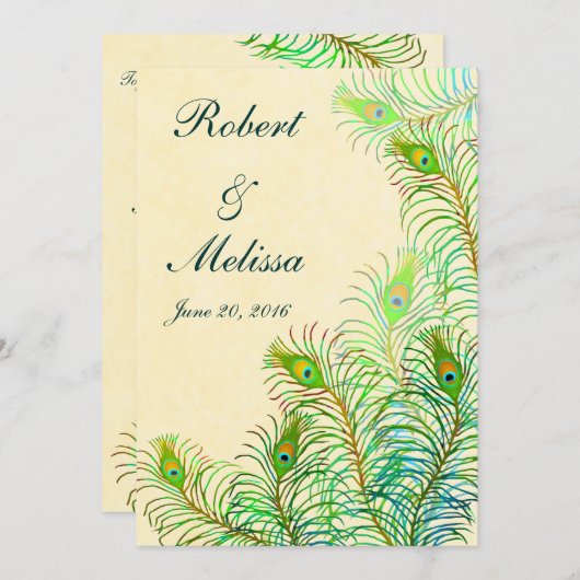Exotische indische Pfauenfedern bei Hochzeiten Einladung (Vorne/Hinten)