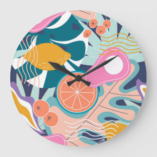 Exotische, moderne Dschungelcollage. Große Wanduhr