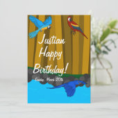 Exotische Papageien in der WaldGeburtstagspartei Einladung (Stehend Vorderseite)