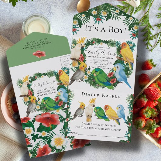 Exotische Parrots Babydusche All In One Einladung