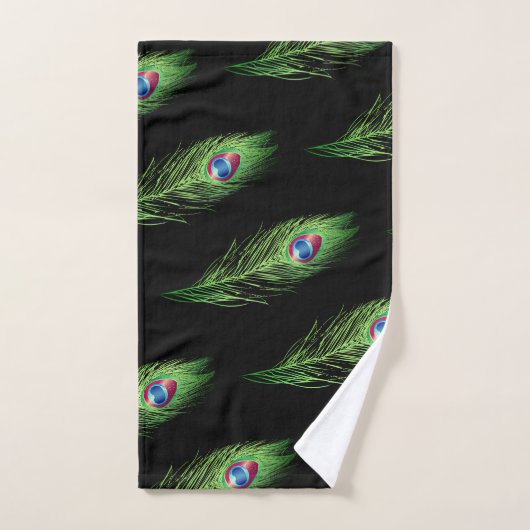 Exotische Pfauenfedern auf schwarzem Handtuch-Set Badhandtuch Set (Handtuch)