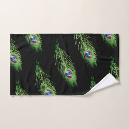Exotische Pfauenfedern auf schwarzem Handtuch-Set Badhandtuch Set (Handtuch)