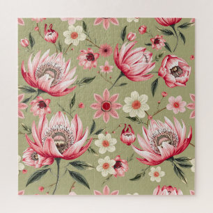 Exotische Protea-Blume Botanischer Salbeigrüner Lu Puzzle