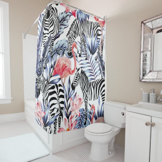 Exotische rosa Flamingo, Zebra im Hintergrund Somm Duschvorhang (Beispiel)