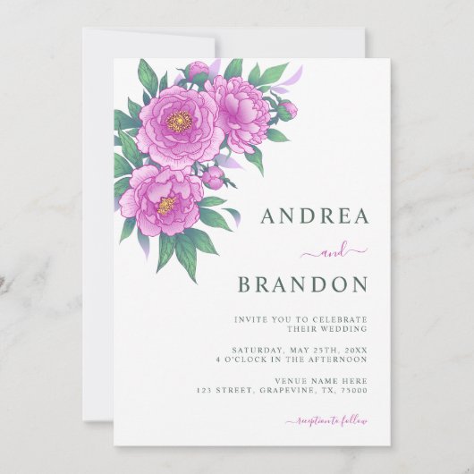 Exotische rosa Peonies zeigen grüne Hochzeit in ei Einladung (Vorderseite)