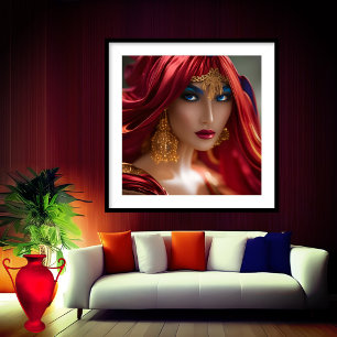 Exotische Rothaarige Frau fließt rot Blau Gold Abs Poster