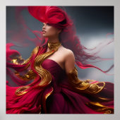 Exotische Rotkopfdame, die in rotem Gold Abstrakt Poster (Vorne)