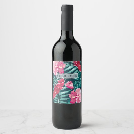 Exotische Sommer-Floral-Monogramm Weinetikett (Vorderseite)