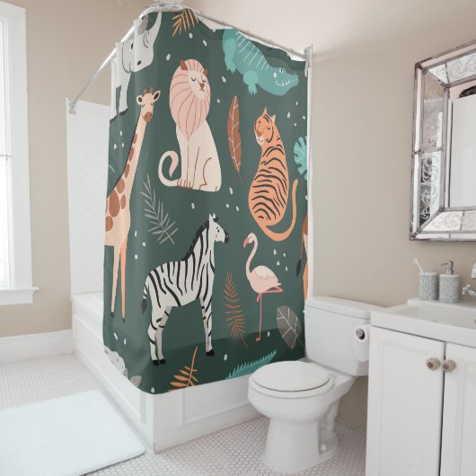 Exotische Tiere: dunkles tropisches Kindermuster. Duschvorhang (Beispiel)