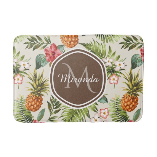 Exotische tropische Ananas-Blumenbrown-Monogramm Badematte (Vorderseite)