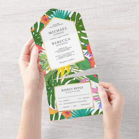 Exotische tropische Blätter farbenfrohe Gartenhoch All In One Einladung (Abreißen)