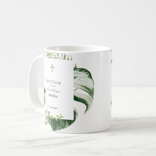 Exotische tropische Blätter Gold Cross Boy Taufe Kaffeetasse (Vorderseite Links)