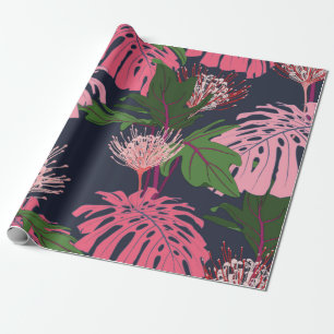 Exotische tropische Blätter in Grün und Rosa und p Geschenkpapier