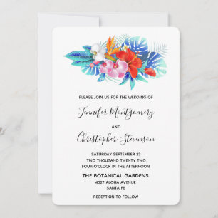 Exotische tropische Blumen - Pink & Aqua Hochzeit Einladung