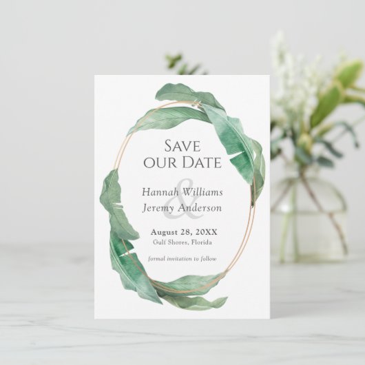 Exotische tropische Foliage Hochzeit speichern Sie Save The Date (Stehend Vorderseite)