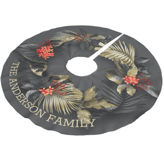 Exotische tropische Folien in Gold und Schwarz Polyester Weihnachtsbaumdecke (Schrägansicht)