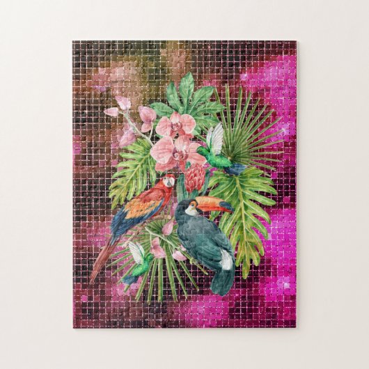exotische tropische Vögel Blume rosa lila Glasur Puzzle (Vertikal)