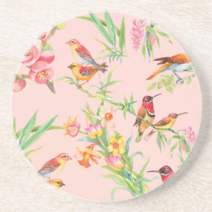 Exotische Vögel: Vintage Blüten nahtlos. Getränkeuntersetzer