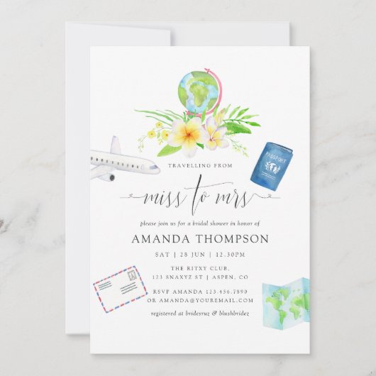 Exotische Wasserfarbe von Miss bis Brautparty Einladung (Vorderseite)