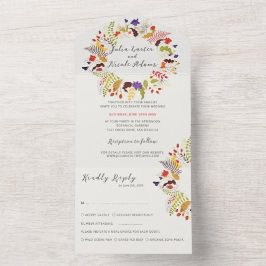 Exotische Wildblume Wreath Wedding All In One Einladung (Innen)