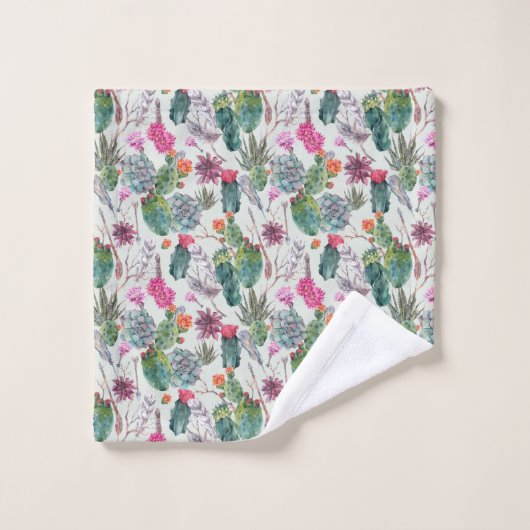 Exotischer Boho Aquarell-Kaktus u. saftiges Muster Badhandtuch Set (Waschlappen)
