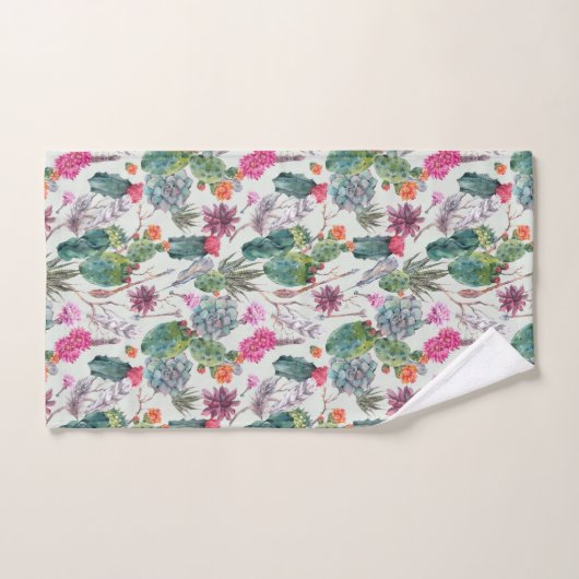 Exotischer Boho Aquarell-Kaktus u. saftiges Muster Badhandtuch Set (Handtuch)