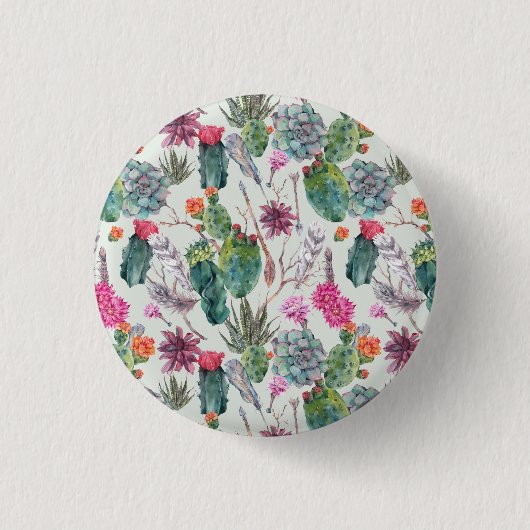Exotischer Boho Aquarell-Kaktus u. saftiges Muster Button (Vorderseite)