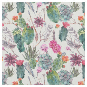 Exotischer Boho Aquarell-Kaktus u. saftiges Muster Stoff