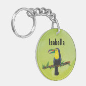 Exotischer Tucan mit Aquarell Hintergrund grün Schlüsselanhänger (Vorderseite links)