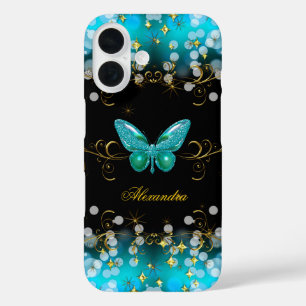 Exotischer Türkisblauer Gold-Schwarzer Schmetterli iPhone 16 Hülle