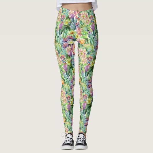 Exotisches blühendes Kaktmuster Leggings (Vorderseite)
