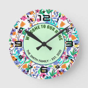 Exotisches Blumenmuster Benutzerdefinierter Text-2 Runde Wanduhr