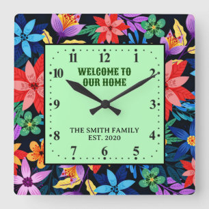 Exotisches Blumenmuster Benutzerdefinierter Text-6 Quadratische Wanduhr
