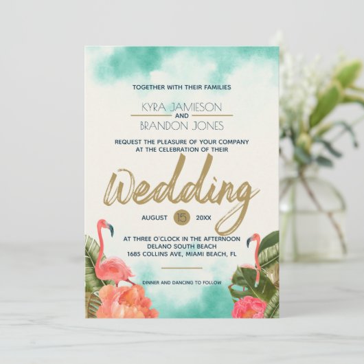 Exotisches Paradies Flamingos Hochzeit Einladung (Stehend Vorderseite)