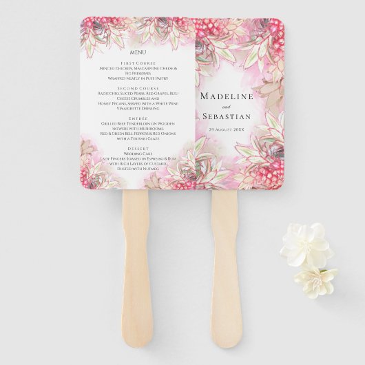 Exotisches Rosa Ananas Blush Wedding Menu Fächer (Vorne und Hinten)