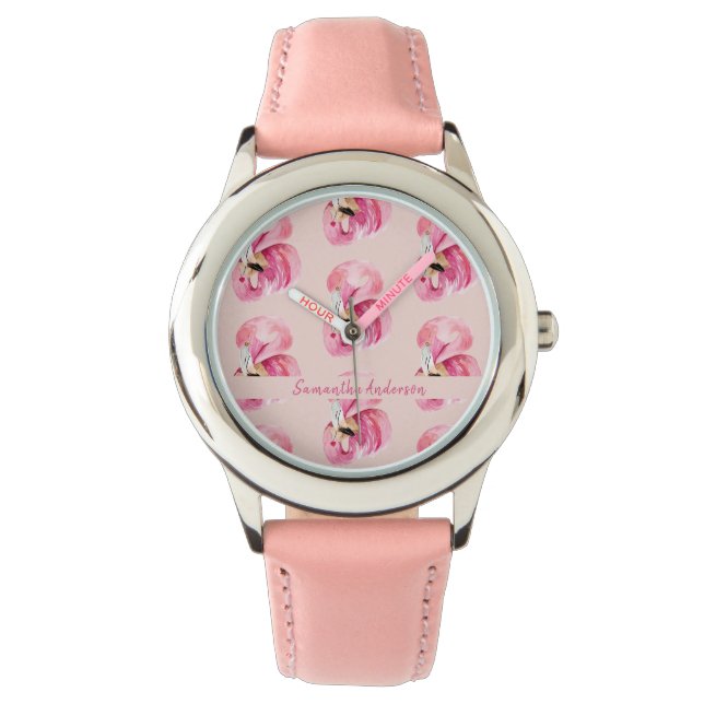 Exotisches rosa Flamingo-Muster und Name Armbanduhr (Vorderseite)