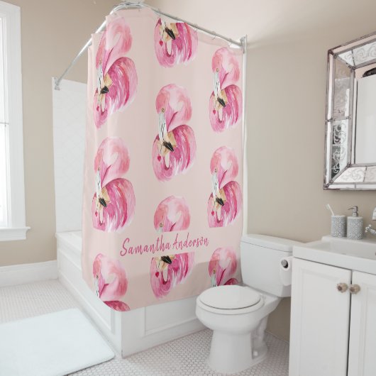 Exotisches rosa Flamingo-Muster und Name Duschvorhang (Beispiel)