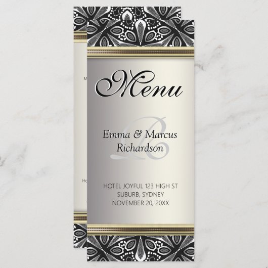 Exotisches Schwarz-weißes Dekor für Hochzeiten Menükarte (Vorne/Hinten)
